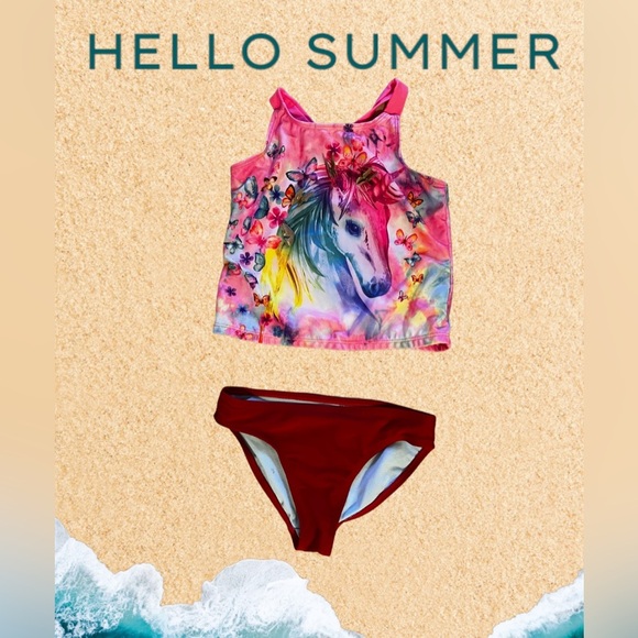 Tankini swimsuit, Wonder Nation Girls Unicorn M (7-8 UPF 50+. 2 Pieces Pink/red‎ - Picture 2 of 13